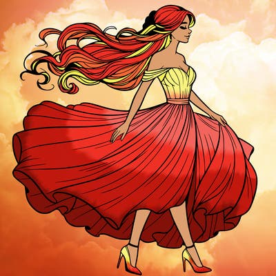 realistic woman in a dress flowing in the wind