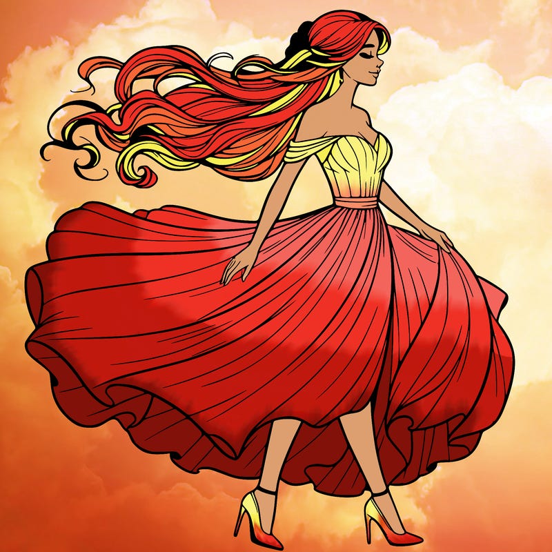 realistic woman in a dress flowing in the wind