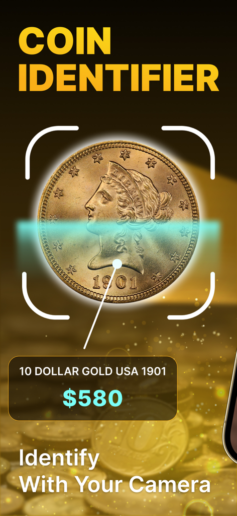 Oberfläche der Coin Identifier App, die eine 1901 10 Dollar Goldmünze der USA mit einer Wertschätzung von 580 Dollar scannt
