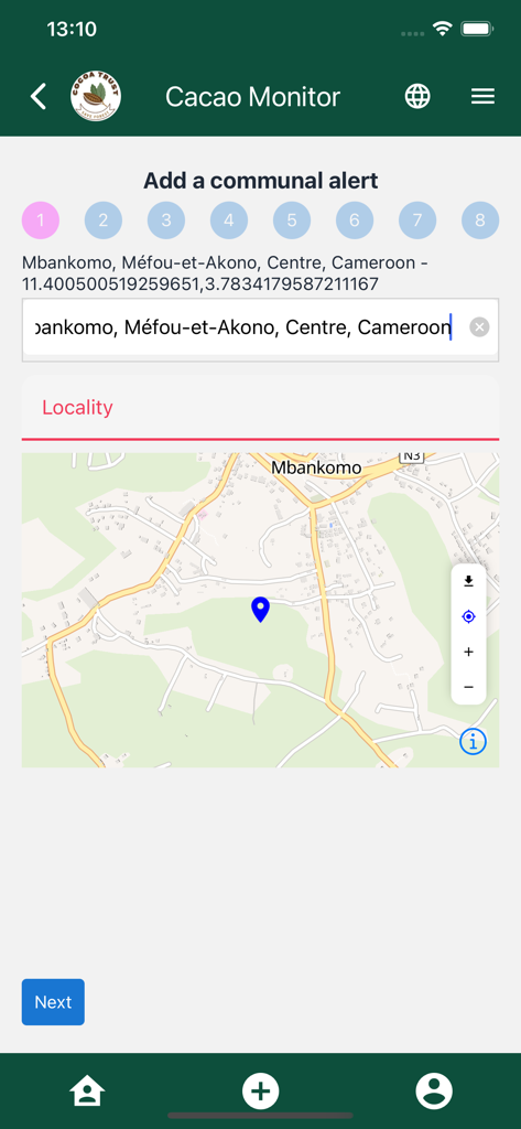 Cocoa Monitor - Interfaz de la aplicación Cocoa Monitor para reportar alertas de deforestación mostrando un mapa y selección de ubicación en Camerún