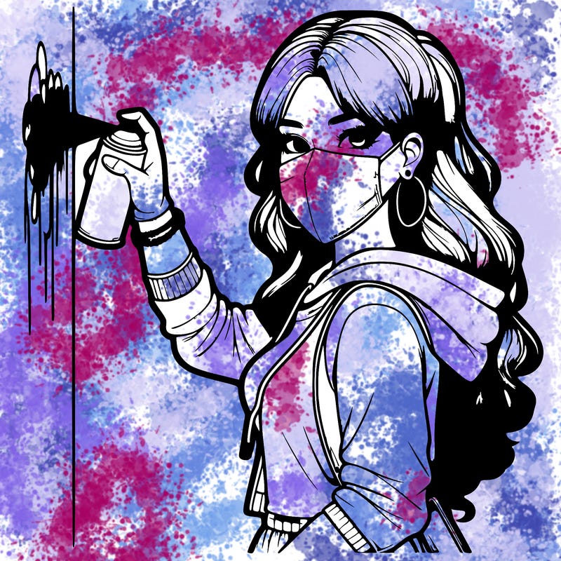 realistic girl with mask spray painting a wall