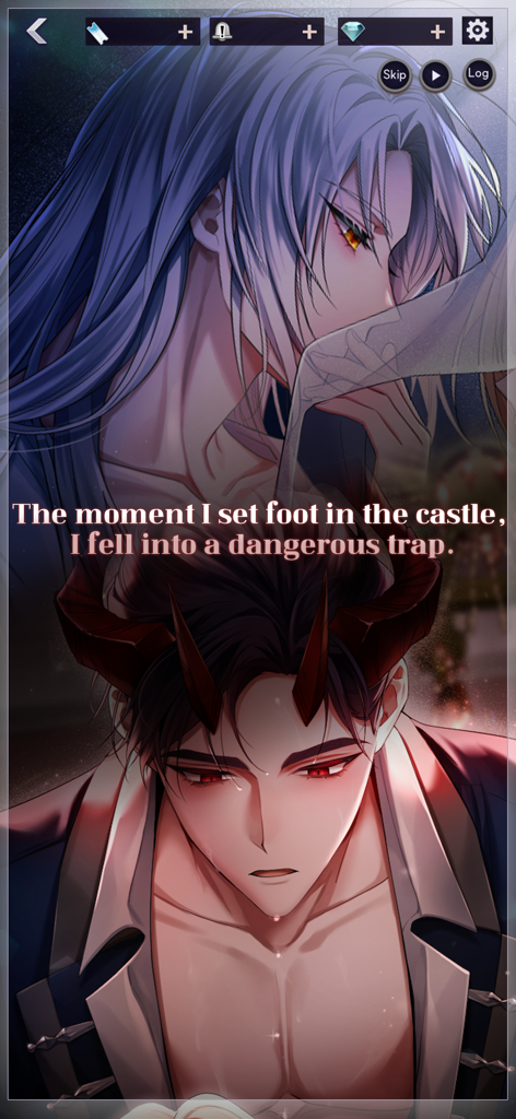 Fallen Angel's Kiss: Romance - Gameplay scene from the otome game Fallen Angel's Kiss: Romance featuring anime-style demon characters and story dialogue.