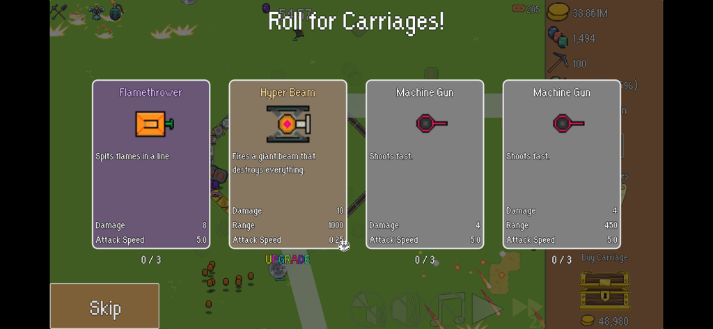 All Aboard! Defense Express - Selecting new train carriages like Flamethrower and Machine Gun in All Aboard! Defense Express.