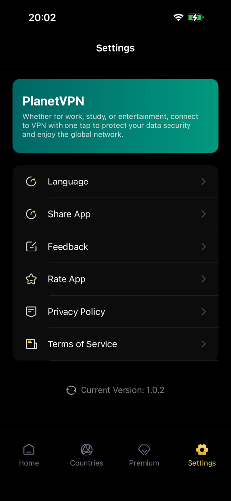 VPN - Planet Super bear - Pantalla de configuración de la aplicación PlanetVPN mostrando opciones de comentarios sobre idioma y política de privacidad