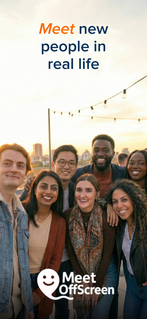 Meet OffScreen: IRL Friends - A group of diverse young adults smiling together at an outdoor evening social event