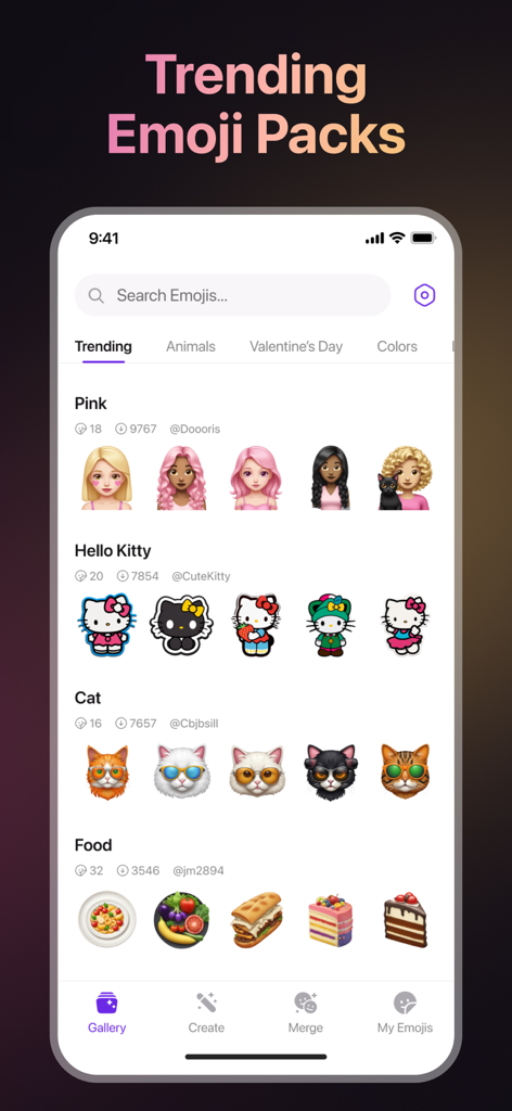 AI Emoji Maker - Merge Emoji - Mobile app screen showing various trending emoji packs including characters, cats, and food icons.