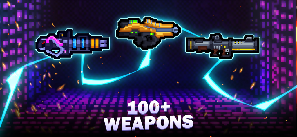 Laser Tanks: Pixel RPG - A collection of retro pixel art sci-fi weapons and blasters in Laser Tanks Pixel RPG featuring a text display of over one hundred weapons