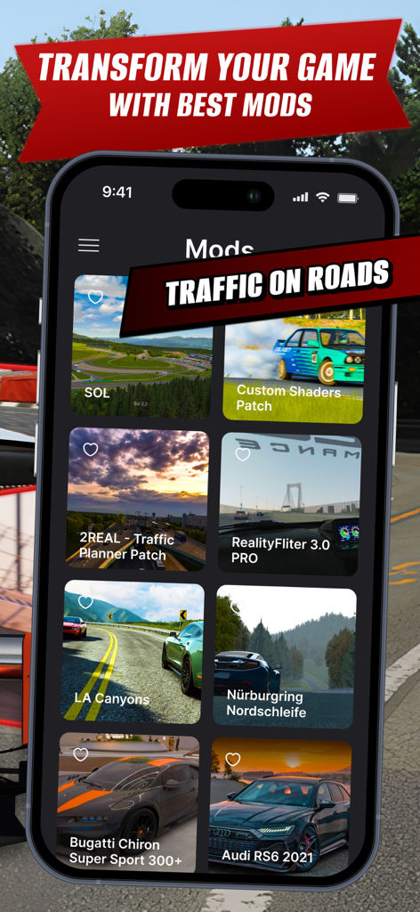 AssoRacing Assetto Corsa Mods - The mods library screen of the AssoRacing app showing various car and track mods for Assetto Corsa