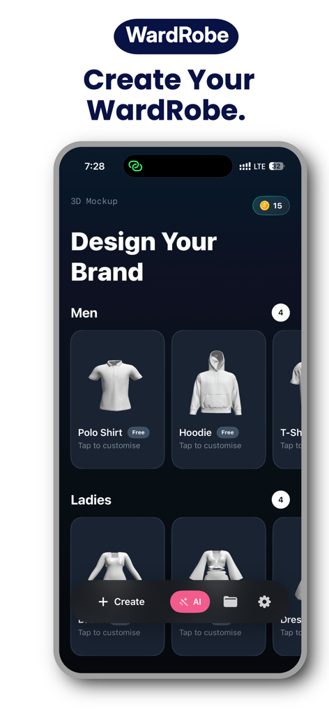 Fashion Design Studio-3DMockup - Interfaz de la aplicación Fashion Design Studio que muestra mockups de ropa 3D para diseñar marcas de streetwear y ropa