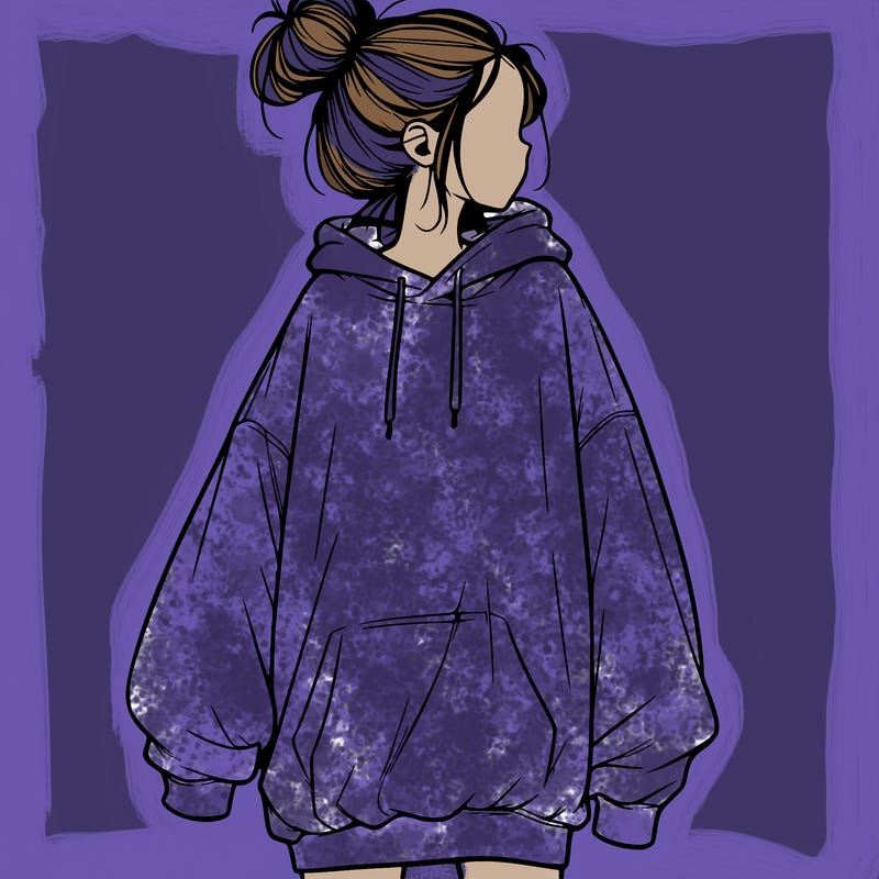 realistic girl with a oversized sweatshirt on and a bun