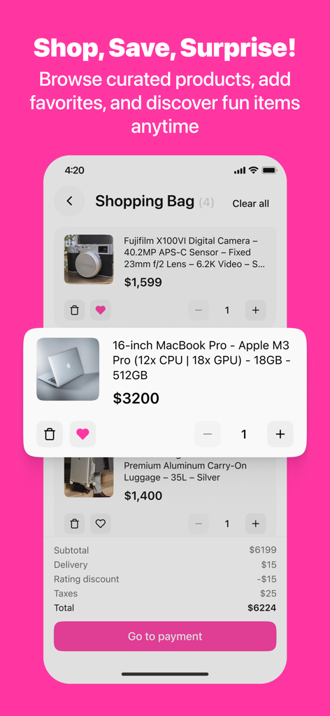 Bebs: Social Discovery & Chat - The shopping bag screen of the Bebs app showing curated luxury gift items like a MacBook Pro and a digital camera