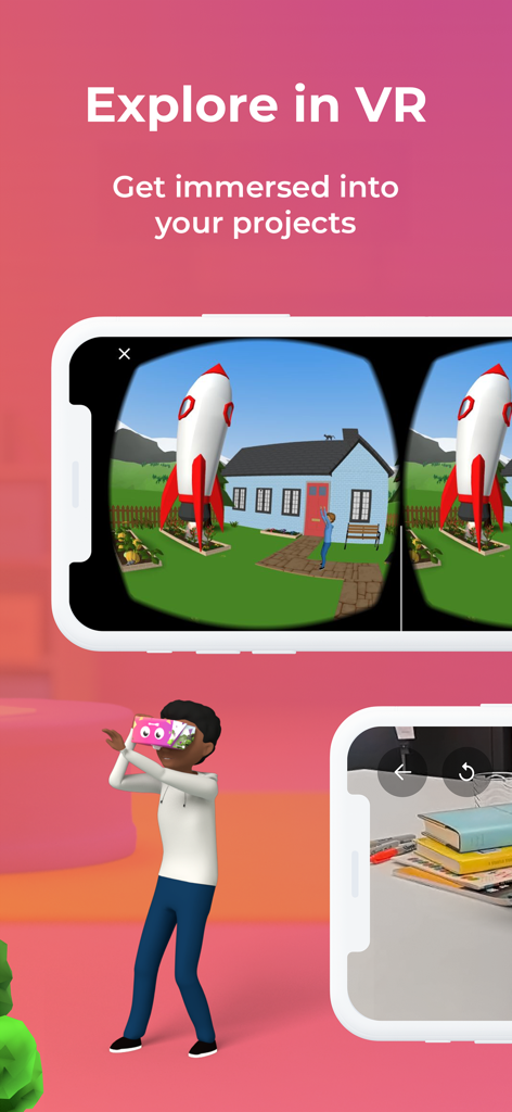 Delightex Edu - A student using a VR headset to explore a 3D rocket project in the Delightex Edu app