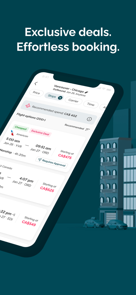 Melon Geschäftsreise-Mobile-App-Oberfläche, die Flugsucheergebnisse und exklusive Firmenangebote anzeigt