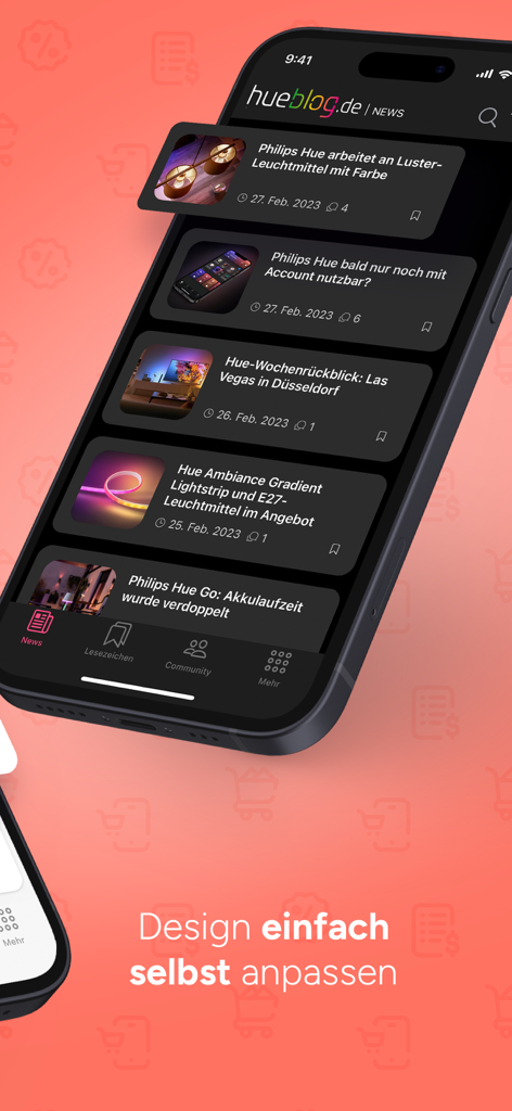 Hueblog - Smartphone screen showing the Hueblog app news feed with articles about Philips Hue smart home lighting.