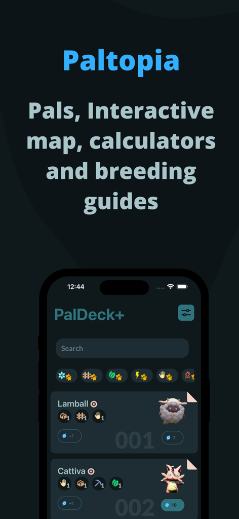 Paltopia: Pal tools & Map - Paltopia app screenshot showing PalDeck with creature details and breeding information