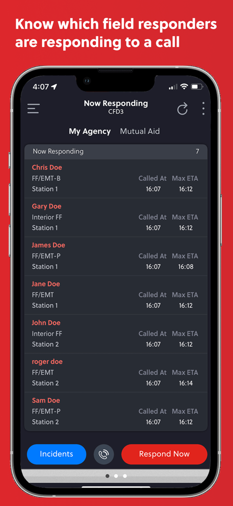 IamResponding (IaR) - Mobile screen showing a list of first responders currently responding to an emergency call with names roles and arrival times