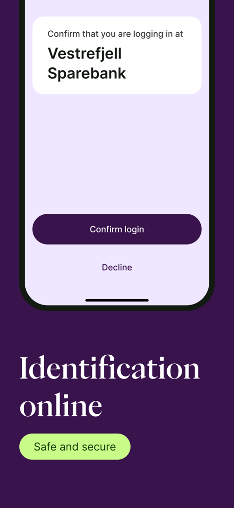 BankID mobile app interface showing a login confirmation request for a bank with confirm and decline buttons.