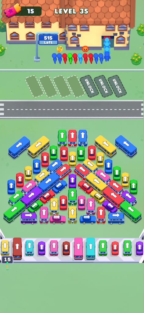Bus Escape: Traffic Jam - Jogabilidade de Bus Escape Traffic Jam no nível 35 mostrando um puzzle colorido de classificação de carros com passageiros esperando.