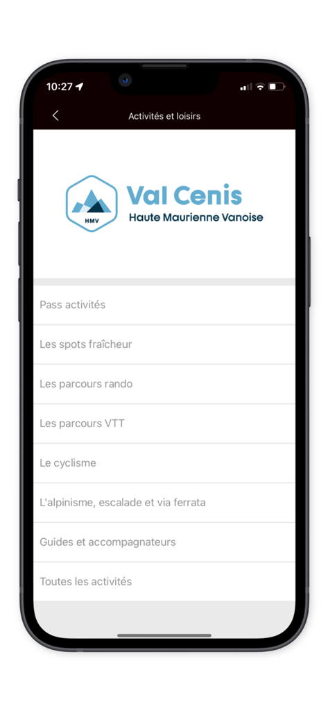 Val Cenis app menu showing a list of outdoor activities including hiking and mountain biking