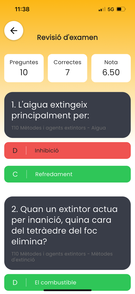 Mobile app screen showing exam results and corrected quiz questions for firefighter training.