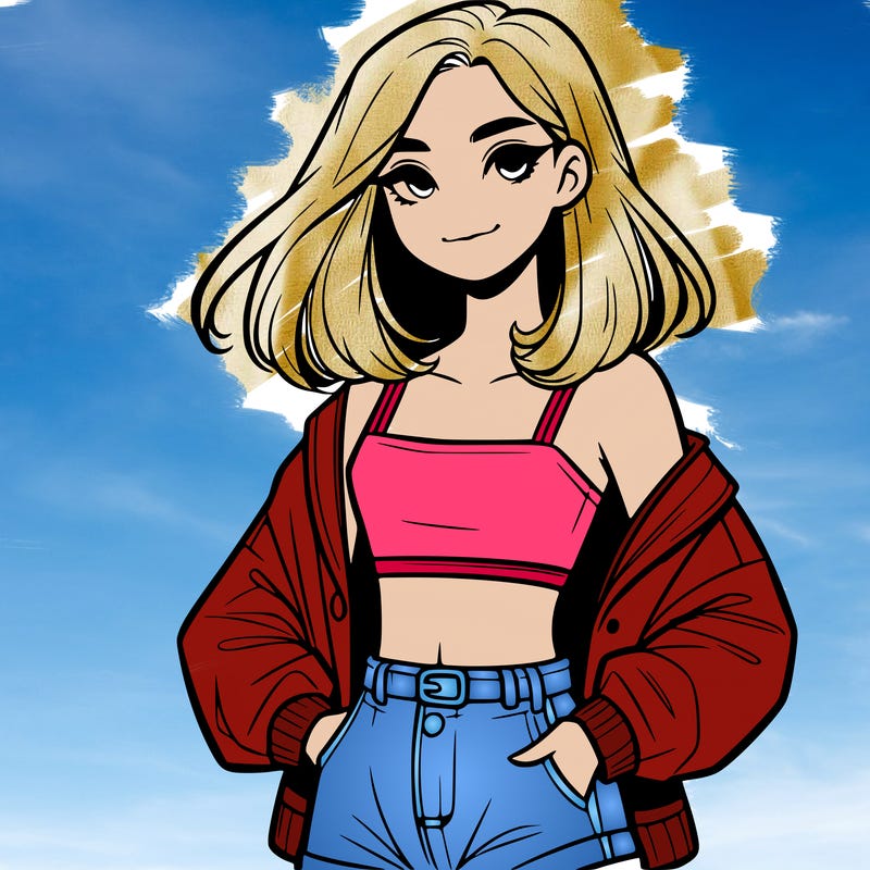 a realistic girl with a crop top and short shorts in an open jacket