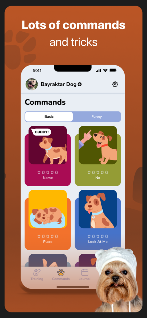 Dog Training & Clicker - Pawer - Dog Training Pawer app interface displaying a list of basic commands and tricks with dog illustrations