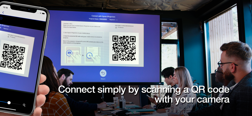 Epson iProjection - A smartphone scanning a QR code on a large projector screen to connect wirelessly in a professional meeting room
