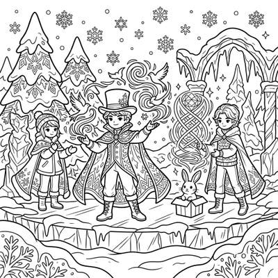 Unleash your creativity with this enchanting coloring page featuring skilled illusionists performing dazzling magic in a serene winter wonderland. Perfect for adding vibrant hues to their frosty spells and intricate costumes.