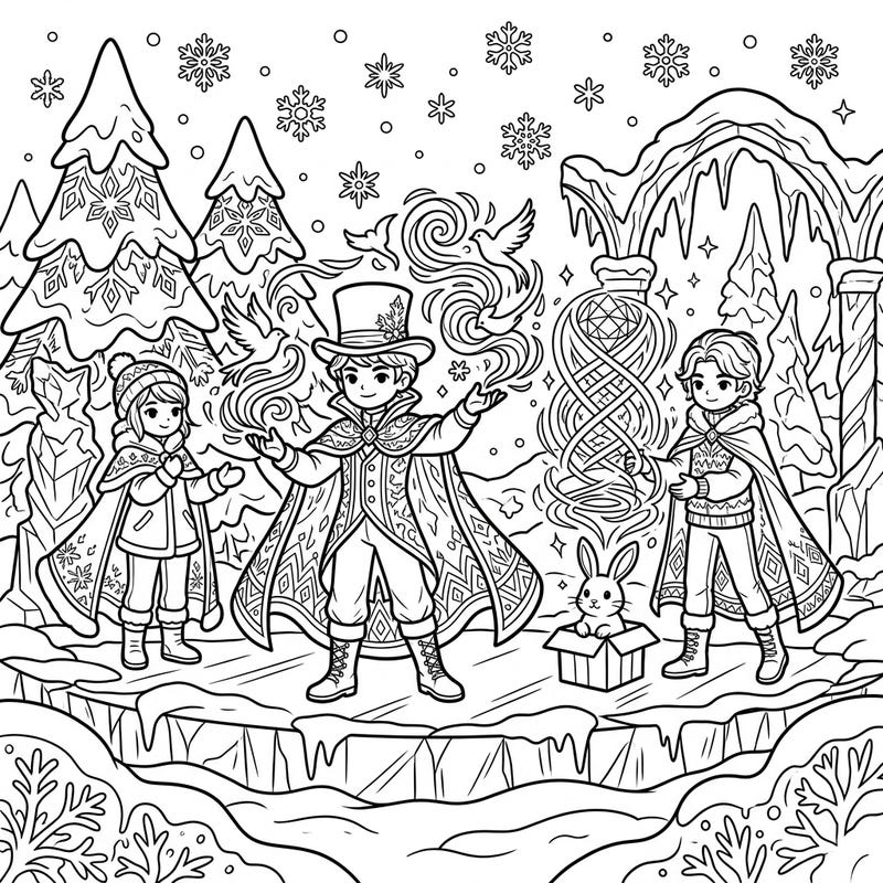 Unleash your creativity with this enchanting coloring page featuring skilled illusionists performing dazzling magic in a serene winter wonderland. Perfect for adding vibrant hues to their frosty spells and intricate costumes.