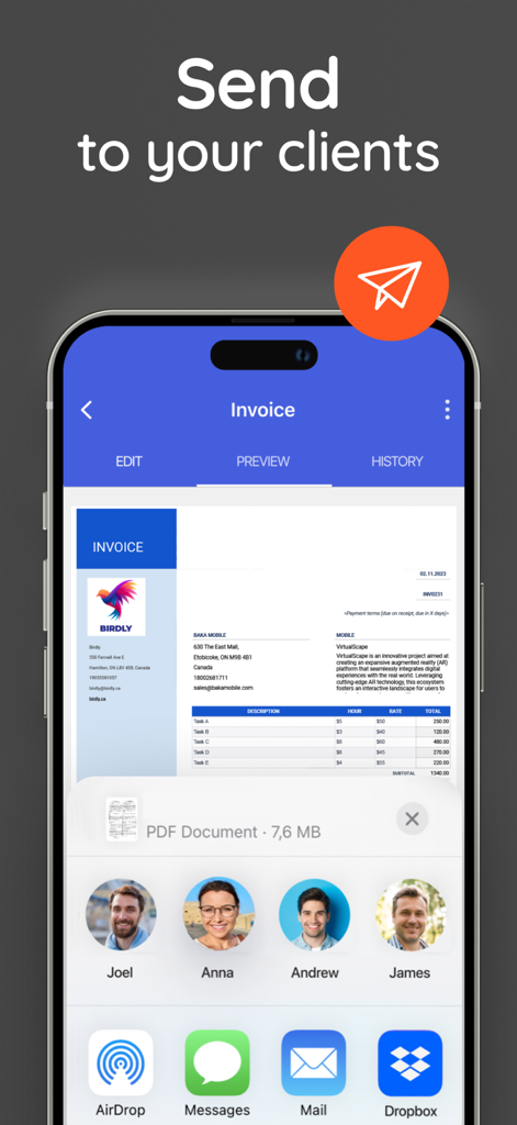 Invoice Simple: Invoice Maker - Invoice Simple app screen showing mobile sharing options for a professional PDF invoice.
