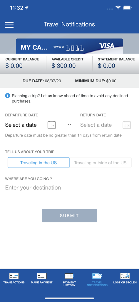 SCU Credit Card - Sharon Credit Union app travel notifications screen showing trip details and card balance information