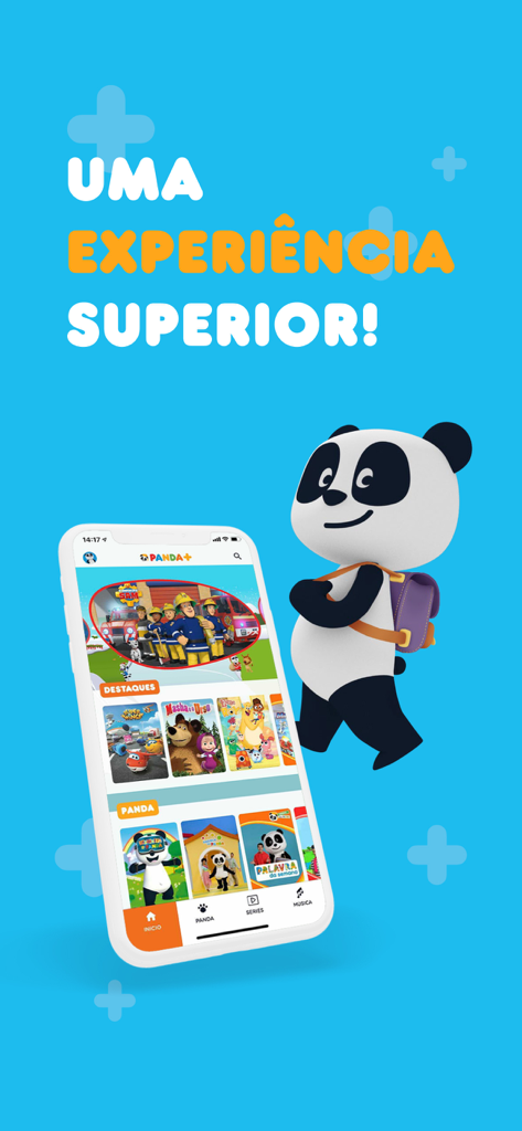 Panda+ - Panda mascot and smartphone showing the Panda plus kids streaming app interface with Portuguese cartoons