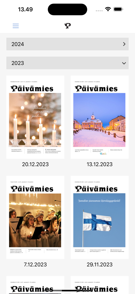 Päivämies - Archivo digital en la aplicación Paivamies que muestra varias portadas de revistas cristianas finlandesas de 2023