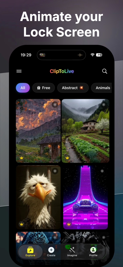 ClipToLive • Live Wallpapers - ClipToLive app gallery showcasing diverse live wallpaper options to animate an iPhone lock screen