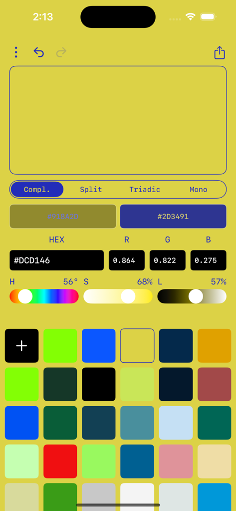 Color Picker – HEX, RGB, & HSL - Interface do aplicativo Seletor de Cores mostrando valores HEX RGB e HSL com opções de harmonia de cores e uma grade de amostras salvas.