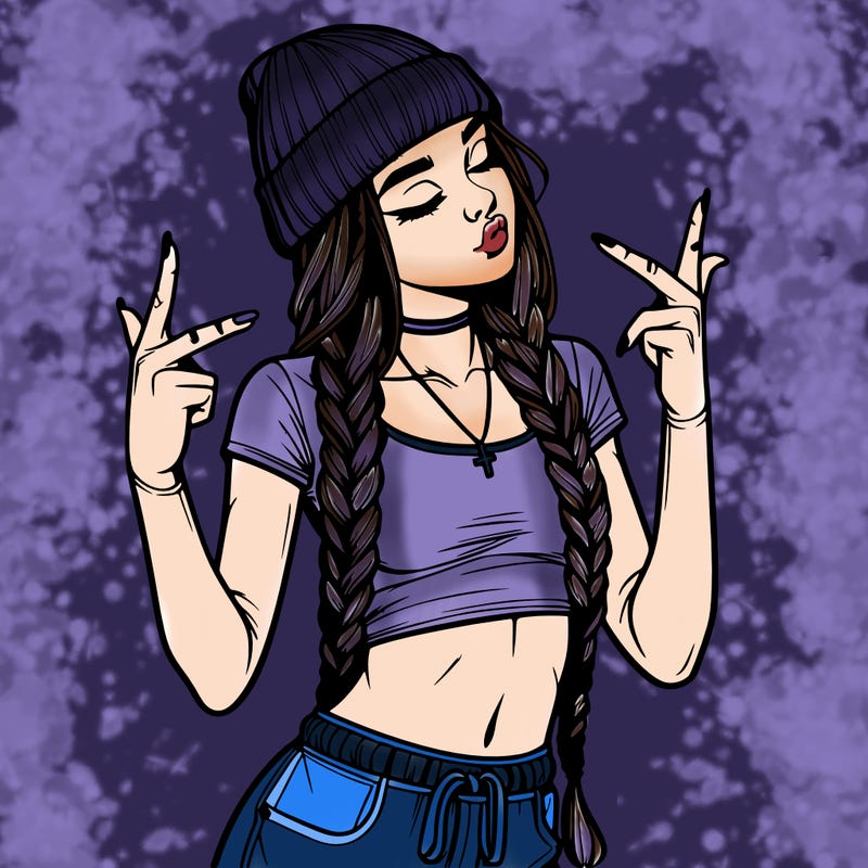 realistic teenage girl with braids and a beanie and crop top doing 🫶🏼