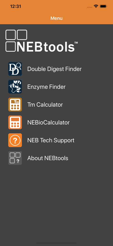 NEB Tools - Main menu of the NEB Tools app for molecular biology research showing various scientific calculators and enzyme finders