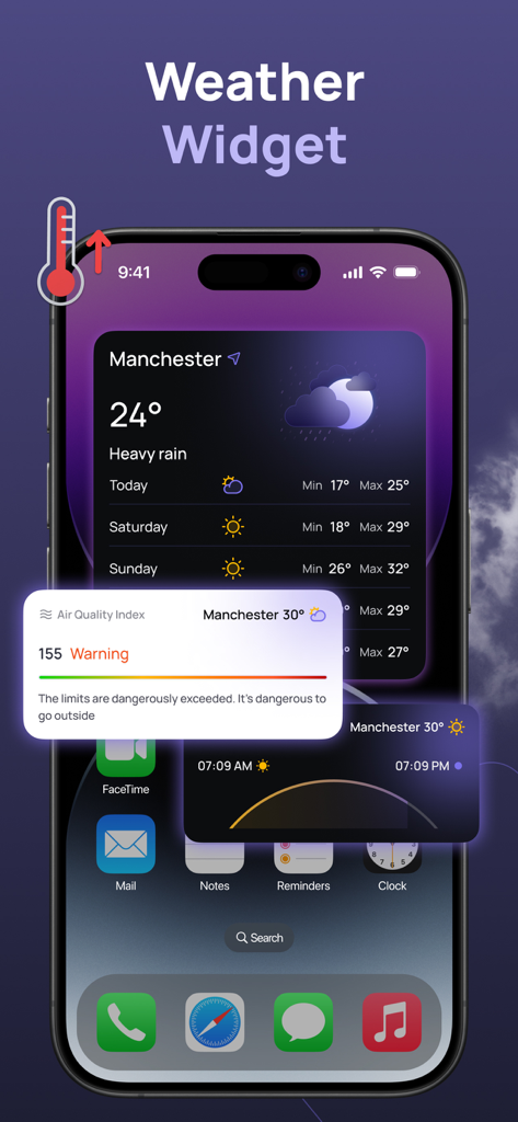 NOAA Weather Radar, Forecast - Pantalla de inicio de iPhone que muestra widgets meteorológicos NOAA para pronósticos diarios y alertas de calidad del aire