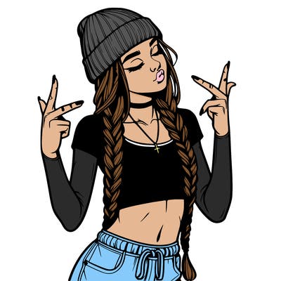 realistic teenage girl with braids and a beanie and crop top doing 🫶🏼
