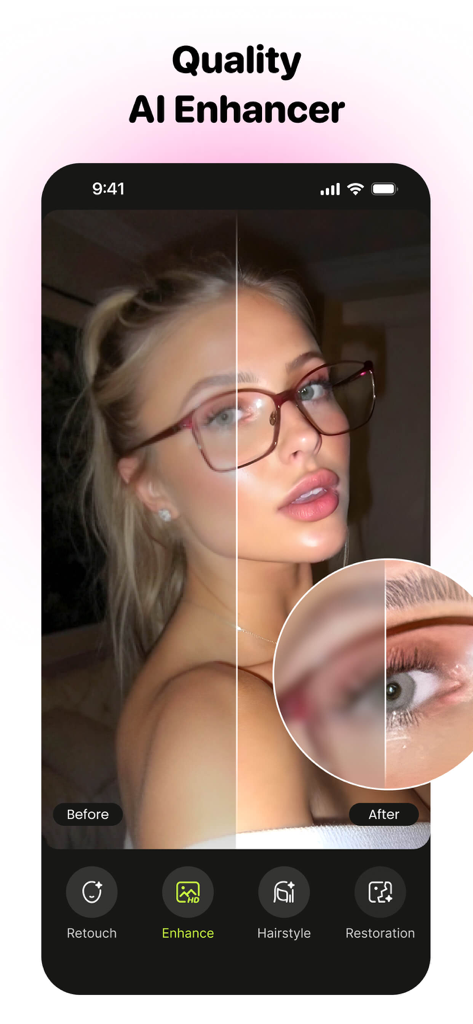 PhotoCat - Enhancer & Cleaner - Comparación de antes y después de un retrato mejorado con el Potenciador IA de Fotos de PhotoCat, mostrando mayor claridad y detalle.