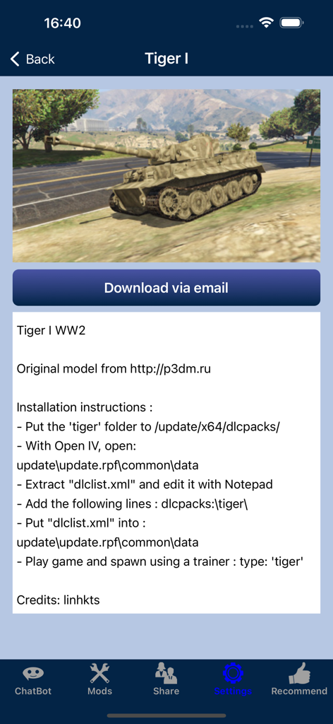 Screenshot of the GTA5 Mods app showing details and installation instructions for a Tiger I tank mod