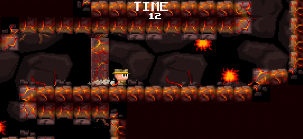 Avventuriero a 8-bit che corre in un livello di lava in Meganoid 2