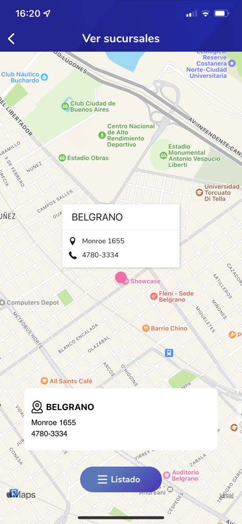 Map view in the Mas Showcase app displaying a cinema branch location and contact details