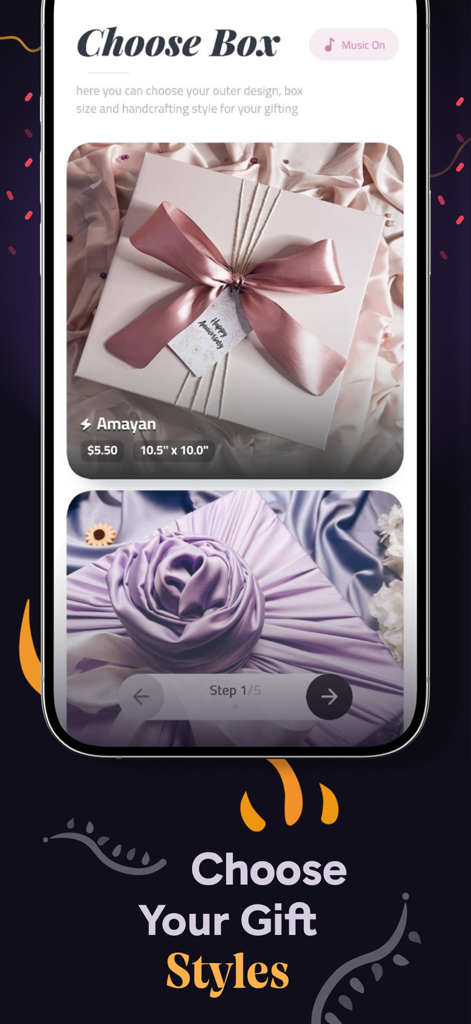カスタムギフト用の美的ギフトボックススタイルとパッケージオプションを示すアプリ画面。