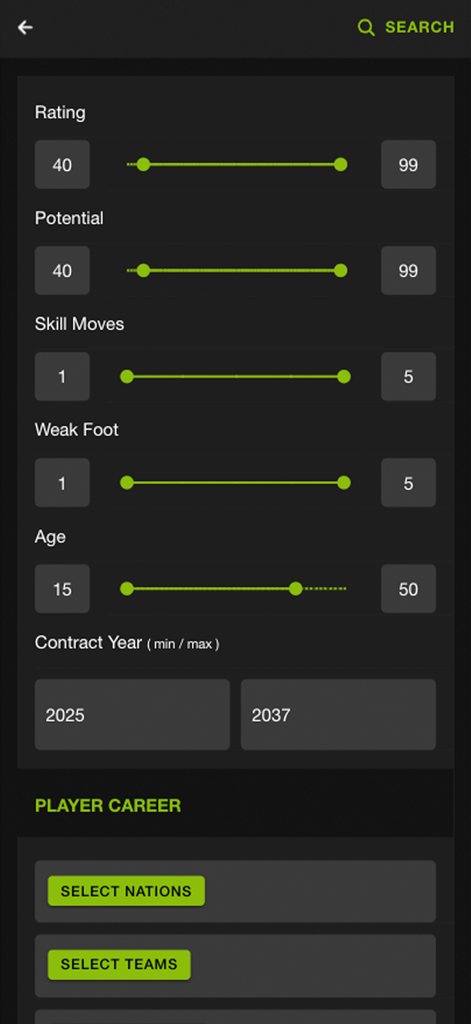 Advanced player search filter interface with sliders for rating potential skill moves and age
