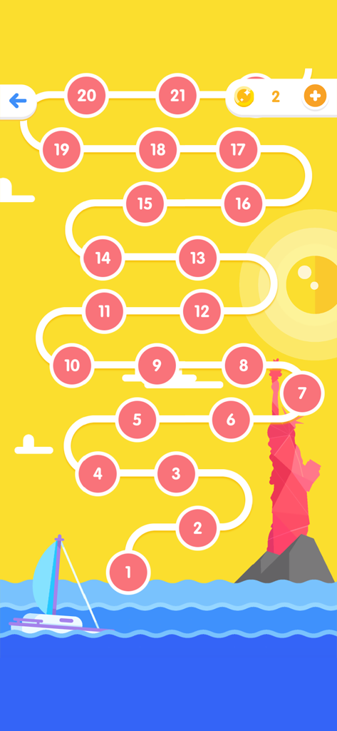 A colorful level selection map in the Fill War game showing numbered stages from 1 to 21 with a Statue of Liberty illustration.