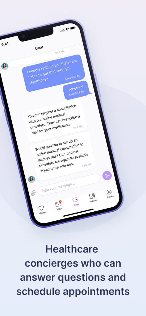 HealthJoy app chat screen showing a healthcare concierge answering a user request about a prescription refill.