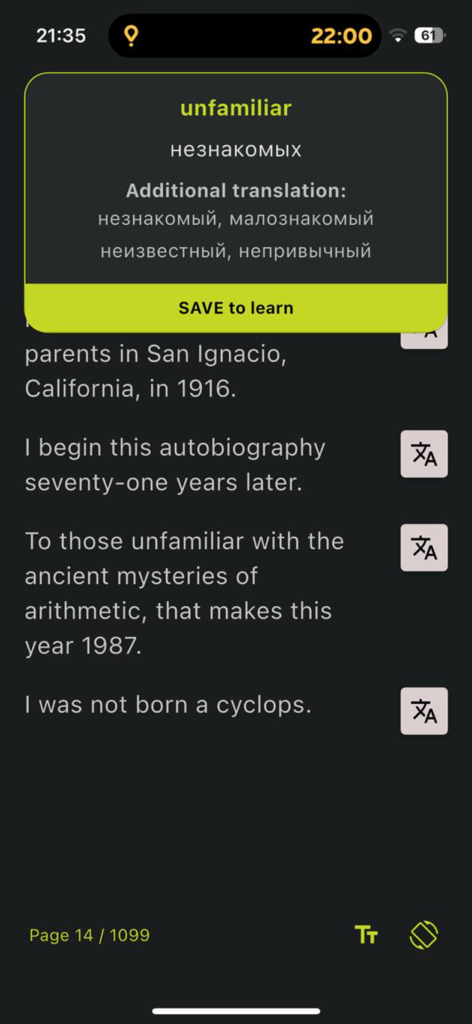 Beelibook: Read Learn Offline - English reading interface with Russian word translation pop-up and save for learning feature