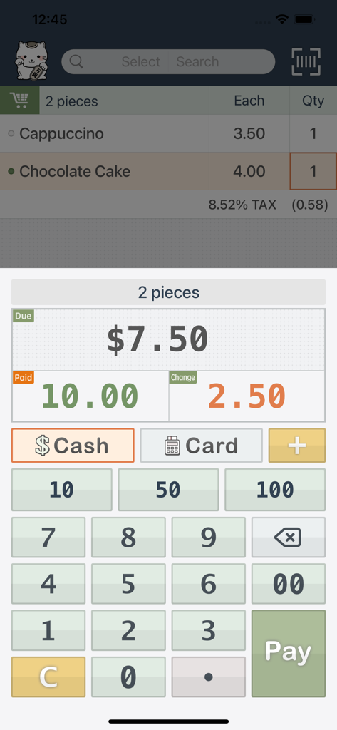 PosKing mobile POS interface showing a payment calculation for a coffee and cake order
