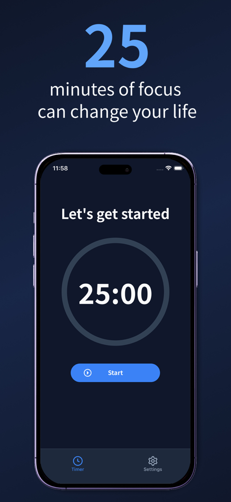 pomo - Pomodoro Focus Timer - Ein einfacher 25-minütiger Pomodoro-Timer-Startbildschirm auf einem Mobiltelefon mit dunkler Benutzeroberfläche